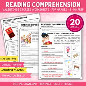 Peut inclure: Feuilles de travail de compréhension de lecture pour la Saint-Valentin pour les élèves de 1re à 3e année. Les feuilles de travail comprennent des histoires et des questions sur le partage de chocolats, les fêtes et un nouvel élève. L'image présente un code couleur rose et rouge avec le texte "20 histoires".
