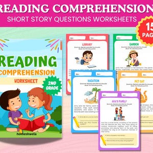 Puede incluir: Un conjunto colorido de 15 hojas de trabajo de comprensión lectora para 2º grado. Las hojas de trabajo presentan historias cortas con preguntas complementarias sobre el texto. La portada presenta a dos niños leyendo un libro juntos.