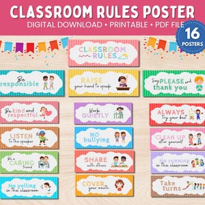 Op de afbeelding: Klasregelsposter met 16 kleurrijke, printbare posters met illustraties van kinderen en tekst zoals "Wees verantwoordelijk", "Steek je hand op om te spreken", "Zeg alsjeblieft en bedankt", "Wees aardig en respectvol", "Werk rustig", "Doe altijd je best", "Luister naar de spreker", "Geen pesten", "Ruim op", "Wees een zorgzame vriend", "Deel met anderen", "Niet rennen in de klas", "Niet schreeuwen in de klas", "Bedek je mond" en "Neem beurten".
