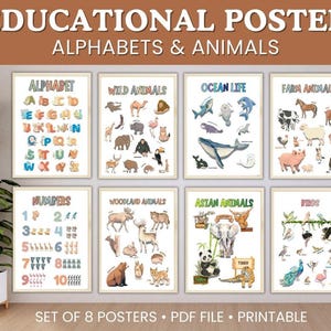 Juego de 8 carteles educativos / Cartel del alfabeto / Cartel del abecedario / Carteles de animales para niños / Carteles Montessori / Arte mural para niños / Descarga digital