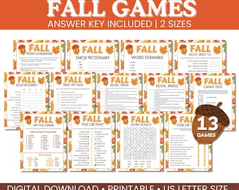 May include: Printable fall-themed games, including trivia and word puzzles, with an acorn graphic and autumn leaf borders. Text includes "Answer Key Included" and "US Letter Size". The image shows 13 games.