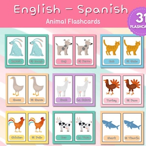 31 English to Spanish Animal Flashcards – Fun Vocabulary Cards for Kids | Set of 31 Animal Flashcards – English-Spanish Vocabulary