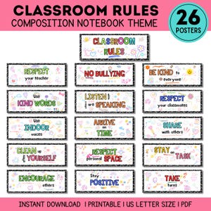 May include: A set of 26 classroom rules posters with a composition notebook theme. Each rectangular poster features a black and white speckled border, white background, and colourful hand-drawn style text and doodles including hearts, stars, and flowers.