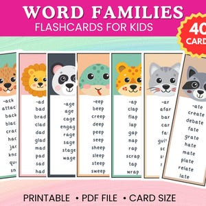 Tarjetas fonéticas de palabras CVC imprimibles / Aprenda a leer para jardín de infantes y educación en casa / Familias de palabras CVC para niños