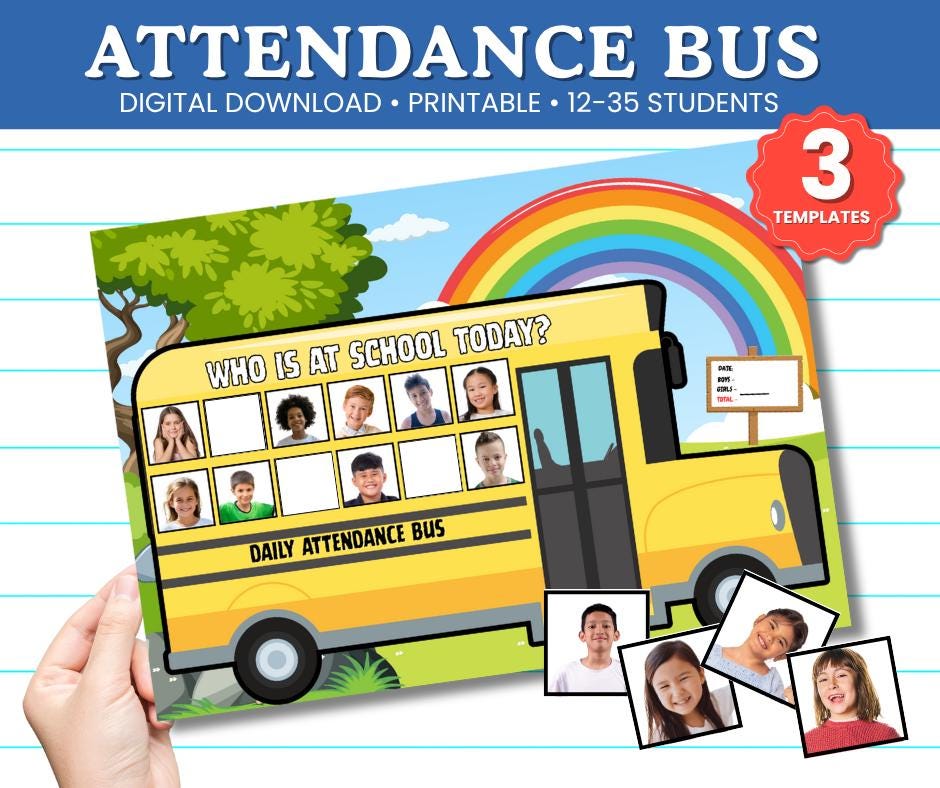 School Bus Attendance Bulletin Board | School Bus-Themed Attendance Chart for Grade K-6| Elementary Bus Attendance Board