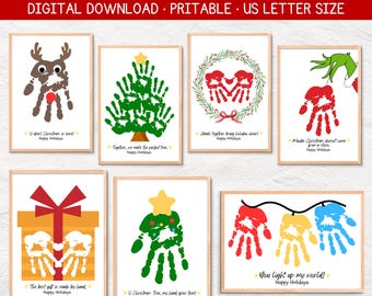 Manualidades navideñas con huellas de manos, actividades imprimibles para bebés y niños pequeños, recuerdos navideños para preescolar.