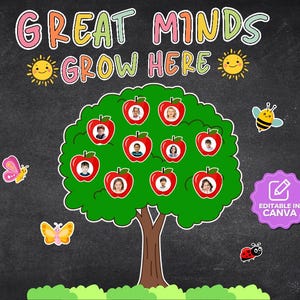 Könnte beinhalten: Ein farbenfrohes Klassenzimmerposter mit den Worten "Great Minds Grow Here" über einem grünen Baum mit roten Apfelausschnitten, jeweils mit einem Kinderfoto. Enthält Sonnen, Schmetterlinge, eine Biene und einen Marienkäfer.