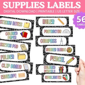 Könnte beinhalten: Druckbare Etiketten für Schulmaterialien mit einem Notizbuchpapier-Design. Die Etiketten umfassen "Sticky Notes", "Colored Paper", "Sketch Pad", "Folder", "Clip Board" und "Envelope". Der Text "Supplies Labels" ist ebenfalls enthalten.