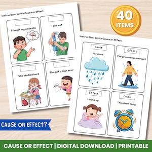 Puede incluir: Tarjetas educativas imprimibles con el texto "Instrucción: Escribe Causa o Efecto." Las tarjetas presentan ilustraciones coloridas e indicaciones de texto para el aprendizaje. Un círculo dorado muestra "40 ITEMS." El banner inferior dice "¿CAUSA O EFECTO?" y "CAUSA O EFECTO | DESCARGA DIGITAL | IMPRIMIBLE."
