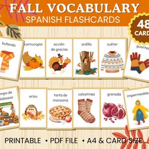 Può includere: 48 flashcard in spagnolo con illustrazioni colorate e testo per imparare il vocabolario autunnale. Le flashcard presentano immagini di una sciarpa, una cornucopia, un tacchino, uno scoiattolo, un maglione, guanti, un campo di zucche, un riccio, una torta di mele, calzini, un melograno e un impermeabile.