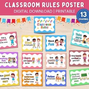 Op de afbeelding: Set met klasregels posters met 13 kleurrijke posters met illustraties van kinderen en tekst. De posters bevatten regels zoals "Gebruik een rustige binnenstem", "Wees aardig tegen iedereen", "Maak plezier", "Zorg voor de materialen van de klas", "Loop binnen", "Deel en neem beurten", "Gebruik zachte handen", "Houd handen en voeten bij jezelf", "Gebruik goede luisterende oren", "Gebruik het toilet voor en na de les", "Volg de instructies", en "Houd de klas schoon en netjes".
