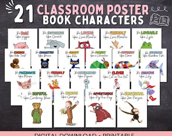 Primary Book Character Affirmations – Printable Positive Quote Posters for Kids, Children&#39;s Book Character Gallery Wall Poster Bundle,