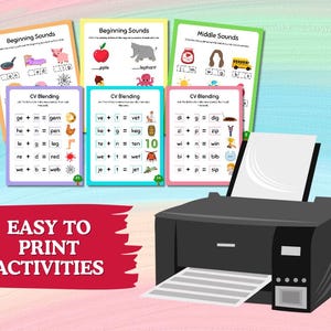 May include: Educational printables for kids featuring colorful flashcards with beginning, middle, and CV blending sounds. A black printer with printed pages is in the foreground. The text "EASY TO PRINT ACTIVITIES" is in a red banner.