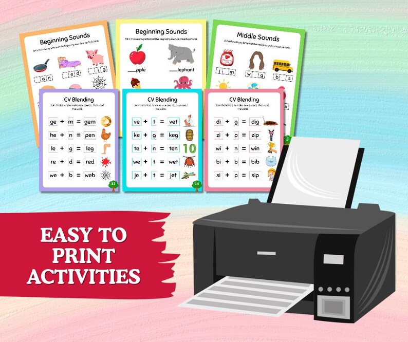 May include: Educational printables for kids featuring colorful flashcards with beginning, middle, and CV blending sounds. A black printer with printed pages is in the foreground. The text "EASY TO PRINT ACTIVITIES" is in a red banner.