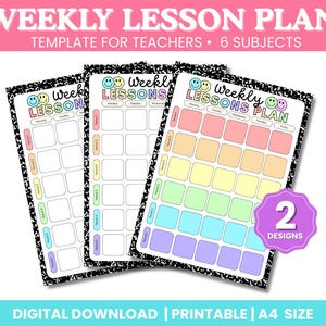 Peut inclure: Trois modèles de plans de cours hebdomadaires colorés pour les enseignants. Chaque modèle présente une mise en page en grille avec des espaces pour les matières et les périodes, et le texte "Weekly Lesson Plan". Le design comprend un smiley et une bordure en papier de cahier noir et blanc. Le texte "Digital Download | Printable | A4 Size" est également inclus.