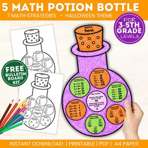 May include: A printable maths potion bottle activity kit for 3rd to 5th grade levels. The kit features a purple potion bottle cutout with orange and green circles containing maths problems, alongside black and white worksheets and coloured pencils.