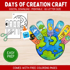 May include: A craft project labelled "DAYS OF CREATION CRAFT" with the text "DIGITAL DOWNLOAD • PRINTABLE • US LETTER SIZE." The image shows a hand-shaped Earth with fingers labelled with the days of creation, plus scissors, glue, and printable templates.