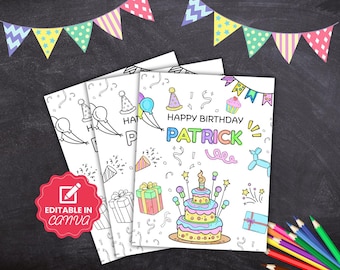 Puede incluir: Un conjunto de tarjetas de cumpleaños con un diseño colorido. Las tarjetas presentan el texto "Happy Birthday Patrick" e ilustraciones de globos, una tarta y confeti. También es visible una insignia roja con el texto "Editable in Canva".