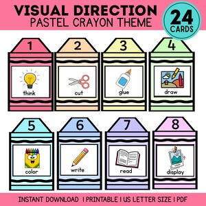 May include: A set of 24 printable visual direction cards featuring a pastel crayon theme. Each card displays a number from 1 to 8, a corresponding action icon, and a label including think, cut, glue, draw, color, write, read, and display.