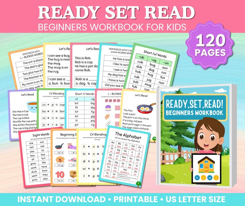 May include: A collection of beginner workbooks for kids, titled "READY SET READ!" with 120 pages. The image features colorful pages with sentences, sight words, and alphabet exercises. The cover shows a cartoon girl holding a house illustration.