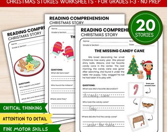 May include: Reading comprehension worksheets for Christmas stories. The image shows three worksheets with Christmas-themed illustrations and questions. The worksheets are designed for grades 1-3 and include a variety of activities.