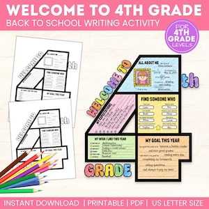 May include: A printable 4th grade back-to-school writing activity worksheet shaped like the number four. The document includes sections titled All About Me, Find Someone Who, My Expectations, My Wish, and My Goal, with colored pencils.