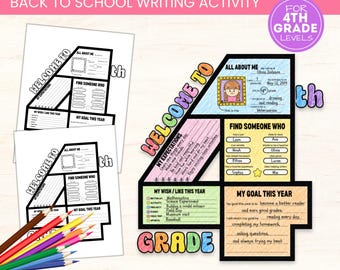 May include: A printable 4th grade back-to-school writing activity worksheet shaped like the number four. The document includes sections titled All About Me, Find Someone Who, My Expectations, My Wish, and My Goal, with colored pencils.
