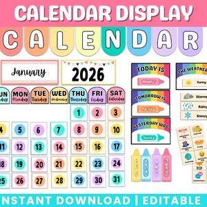 Ensemble de calendriers de classe imprimables, cartes de calendrier graphique de poche, calendrier avec affichage de la météo, décoration de la salle de classe, affiches lumineuses de configuration de salle de classe