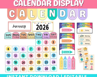 Classroom Calendar Display and Weather Station Printable Bright Pastel Classroom Decor PDFs  Canva Editable Templates Pocket Chart Resources
