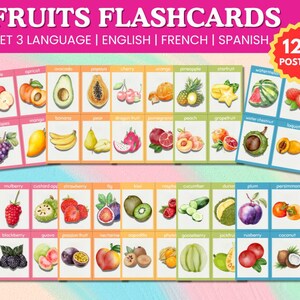 Set mit 120 Fruchtbildkarten – Französische Vokabelkarten für Kinder – Lernmittel für Vorschule & Kindergarten – Französische Obstkarten