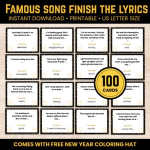 以下が含まれることがあります： 「Famous Song Finish the Lyrics」というタイトルの、100枚のカードが入った黒と金のカードゲーム。各カードには歌の歌詞と答えのプロンプトがあります。ゲームはインスタントダウンロードと印刷可能です。