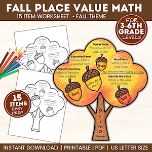 May include: A printable maths worksheet set featuring an autumn theme with tree-shaped graphics and acorn illustrations. The worksheets include place value problems for 3rd to 6th grade levels, with text prompts for expanded form, word form, and identifying values.