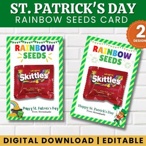 Cartão-presente de sementes de arco-íris para o Dia de São Patrício – Porta-doces Skittles para imprimir para crianças, professores e amigos – Download digital
