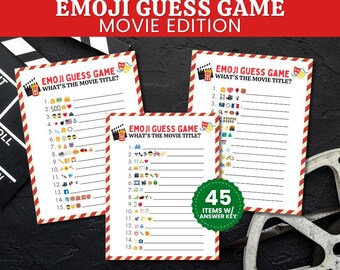 Peut inclure: Trois cartes de jeu imprimables avec des rayures rouges et blanches. Chaque carte porte le titre "Emoji Guess Game : Quel est le titre du film ?" et présente 15 lignes avec des emojis représentant des titres de films. Les cartes sont conçues pour un jeu de fête sur le thème du cinéma.
