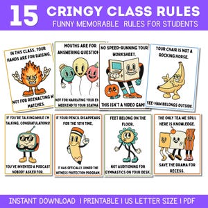 Puede incluir: Un conjunto de 15 pósteres escolares imprimibles con personajes de dibujos animados de estilo retro y reglas de texto humorísticas. Cada póster rectangular muestra una ilustración única, como un fuego, globos, un plátano, un televisor y un lápiz, con texto negro en negrita.
