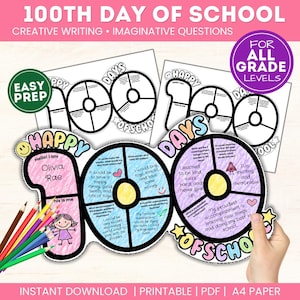 May include: A printable 100th day of school creative writing activity sheet shaped like the number 100. The paper features sections for personal information, imaginative questions, and drawings, with colorful text and graphics on a white background.