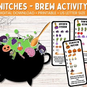 May include: A digital download Halloween-themed activity set. The image features a black cauldron with cartoon ingredients, and recipe cards for Spider Venom, Zombie Slime, and Pumpkin Potion. The text reads "Witches Brew Activity".