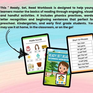 May include: Three digital tablets displaying educational content. One tablet shows "Middle Sounds" with images. Another displays "Short /e/ Phrases." The third tablet shows "READY, SET, READ BEGINNERS WORKBOOK" with a cartoon illustration.