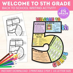 Könnte beinhalten: Ein Welcome to 5th Grade Schulanfangs-Schreibaktivitätsset mit druckbaren Arbeitsblättern in Form der Zahl fünf. Die Arbeitsblätter enthalten Abschnitte für My Expectations, All About Me, My Wish/Like This Year und My Goal This Year.