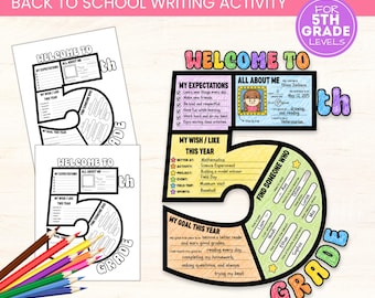 May include: A Welcome to 5th Grade back to school writing activity set featuring printable worksheets shaped like the number five. The worksheets include sections for My Expectations, All About Me, My Wish/Like This Year, and My Goal This Year.