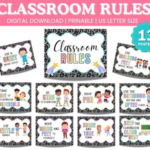 May include: A collection of 13 classroom rule posters with a black and white notebook paper border. Each poster features colorful illustrations and text such as "Use a Quiet Inside Voice" and "Keep the Classroom Clean and Neat". The words "Classroom Rules" are at the top.