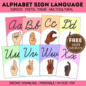 May include: Educational wall art set featuring the alphabet in cursive script and corresponding American Sign Language hand signs. The cards display letters A, B, C, D, U, V, W, and X on pastel backgrounds with diverse skin tones for the hand signs. A brown circular badge reads FREE SIGN WORDS.