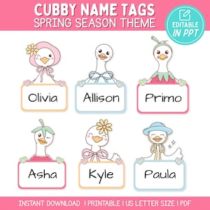May include: Six white goose illustrations with spring-themed accessories, each holding a rectangular name tag labeled Olivia, Allison, Primo, Asha, Kyle, or Paula. The top text reads CUBBY NAME TAGS SPRING SEASON THEME and EDITABLE IN PPT.
