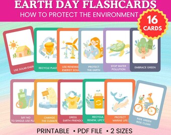 May include: A set of 16 colorful flashcards with illustrations and text about how to protect the environment. The cards feature phrases like "Use Solar Energy", "Recycle Plastic", "Protect the Earth", "Stop Water Pollution", "Embrace Green", "Say No to Single-Use Plastic", "Change the Climate", "Dress Earth-Friendly", "Recycle, Renew, Upcycle", "Protect Marine Life", and "Ride Green, Ride Clean".
