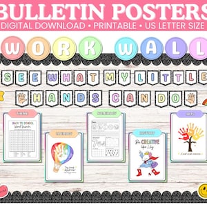 May include: A colorful bulletin board with the text "BULLETIN POSTERS" and "WORK WALL." It includes printable educational materials with themes like literacy, numeracy, and arts. The phrase "SEE WHAT MY LITTLE HANDS CAN DO" is displayed above the educational materials.