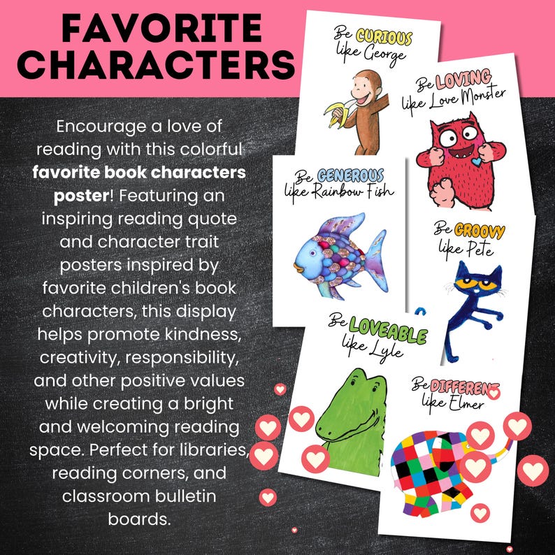 May include: A set of six white posters featuring illustrations of children's book characters including Curious George, Love Monster, Rainbow Fish, Pete the Cat, Lyle the Crocodile, and Elmer the Elephant, each with text describing a positive trait.