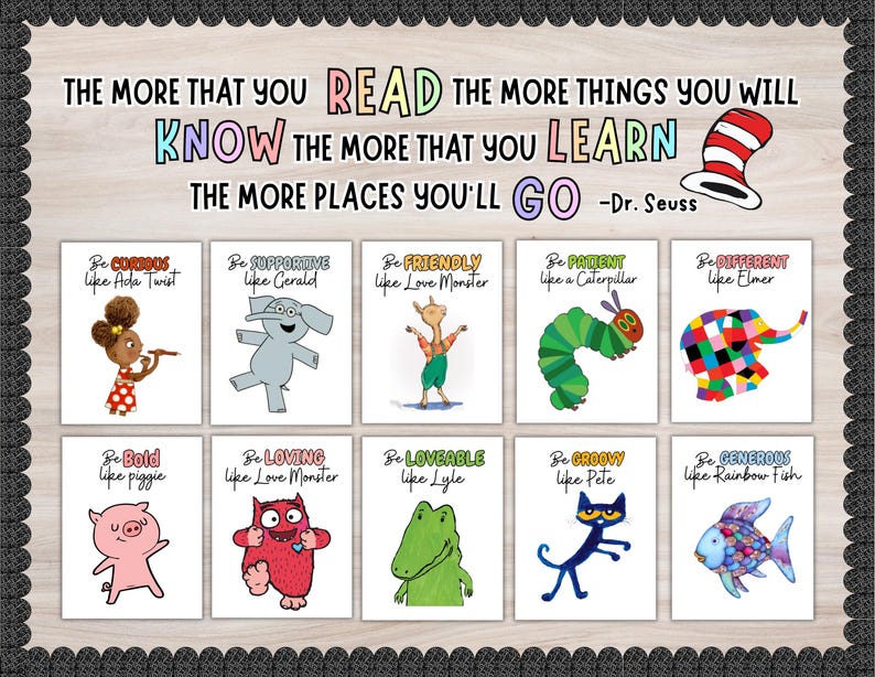 May include: A decorative wall display featuring the Dr. Seuss quote, The more that you read the more things you will know the more that you learn the more places you'll go, with ten illustrated cards showing characters like Ada Twist, Elmer, and Pete the Cat.