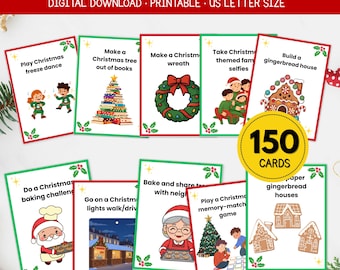 May include: A collection of 150 Christmas Advent Activity cards. Each card features a festive illustration and activity prompt, such as building a gingerbread house or baking cookies. The cards are US Letter size and digitally downloadable.