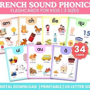 Puede incluir: Tarjetas didácticas coloridas para niños con fonética francesa. Las tarjetas presentan ilustraciones y palabras como "am", "ch" e "ille". El juego incluye 34 tarjetas y está disponible en tres tamaños. El texto "French Sound Phonics" está en la parte superior.