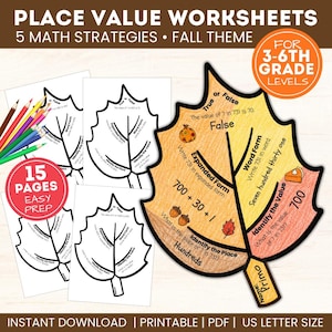 May include: Place value worksheets with a fall theme for 3rd to 6th grade levels. The set includes 15 pages of printable math activities featuring leaf-shaped templates with sections for expanded form, word form, and identifying place value.